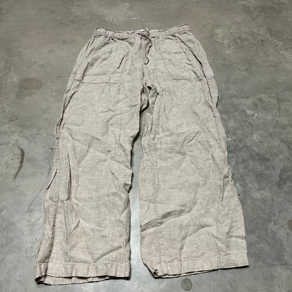 Cynthia Rowley Womens Linen Wide Leg Pants Beige Elastic Waist M RN 75343